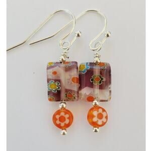 Purple and Orange Millefiori Murano Glass Earrings Handmade with Silver Findings